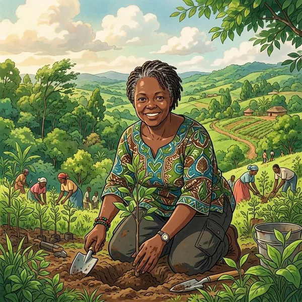 Illustration of Wangari Maathai planting trees in Kenya